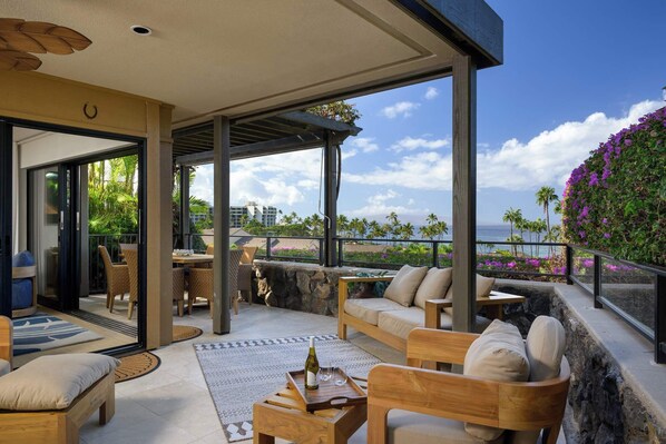 Vast partially covered lanai is ideal for entertaining morning, mid-day, or by night.