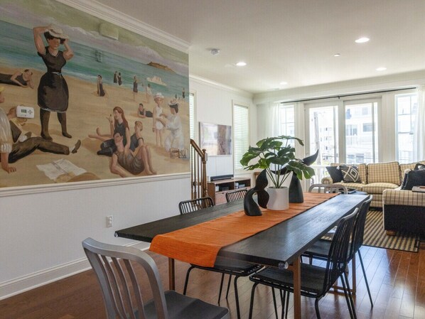 Art-filled dining and living area