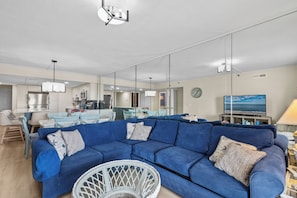 The Living Area is truly made for family time with a plush wrap around couch