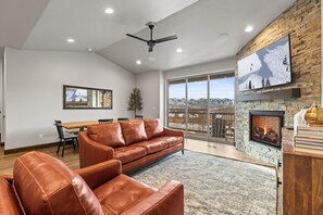 Gas fireplace and balcony