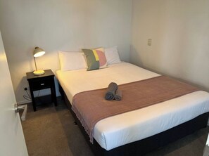 Bedroom 2, Queen bed, bathroom, Nightstand