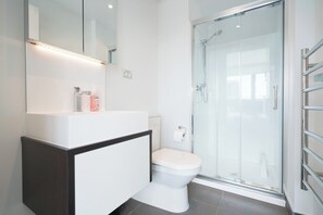 Fully stocked bathroom 1, Heated towel rack, Hair dryer, Walk-in shower.