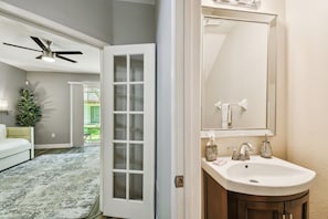 The first half bathroom on the first floor.