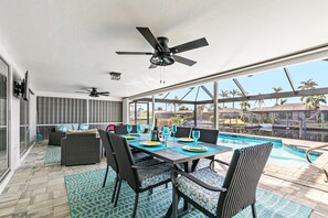 Outdoor dining with comfy seating in back