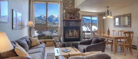 Main Living Space - Wood burning fireplace, TV and awesome views