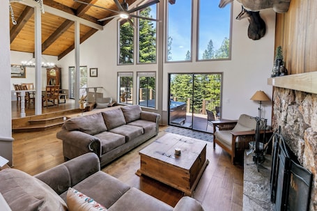 The upstairs living room opens up into the dining are and balcony