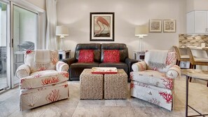 Decor depicting coral, birds, and sea shells give it an island feel...