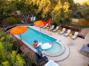 We have a spacious swimming pool where you can cool off. 