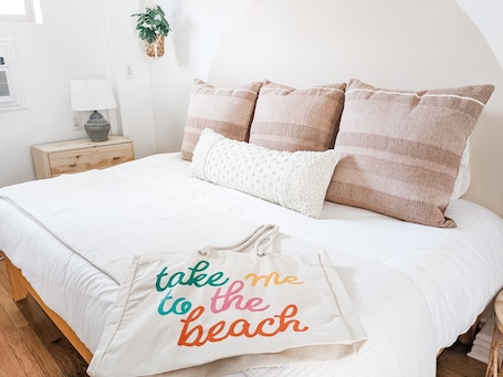 Boho themed bedroom with full-sized Casper bed