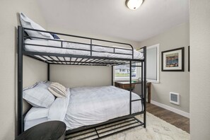Our second bedroom has a full-over-full bunk bed, with memory foam mattresses.