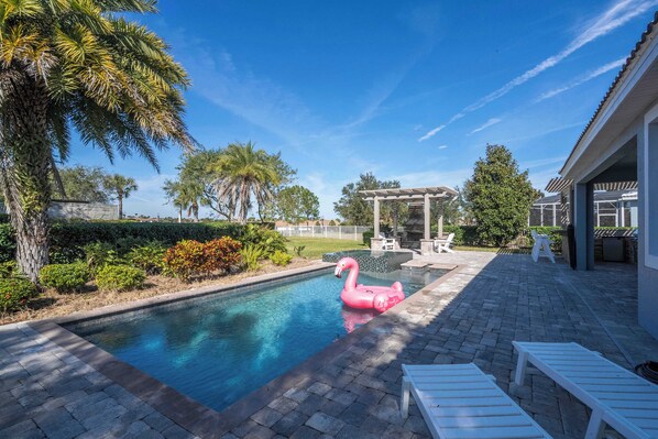 Open Pool with Gazebo and Pit Fire and private landscape 