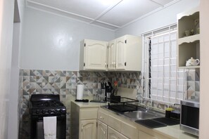 Fully equipped kitchen featuring vintage cabinets and modern touches.
