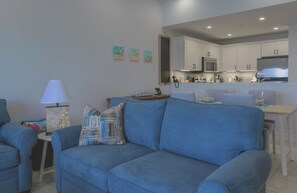 Living room, dining room and kitchen