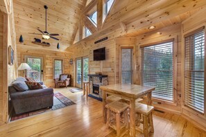 Dining area by fireplace