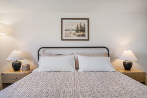 The master bedroom features a new mattress and new cozy cotton bedding.