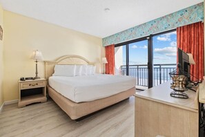 Wake up in this gorgeous oceanfront main bedroom with king-sized bed and a private bathroom.  Direct balcony access for romantic ocean sounds.  Low floor which overlooks the tropically themed resort.  Also a smart-tv for extra entertainment.