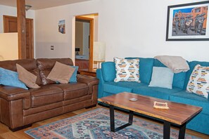 Ample living room seating including a queen pull-out sofa