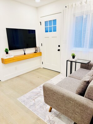 Living room with 49" Smart Roku TV.