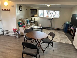 Spacious living room with street view
