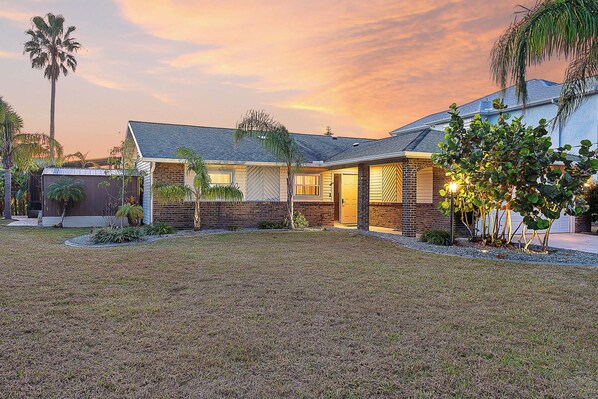 Front view of the house at sunset