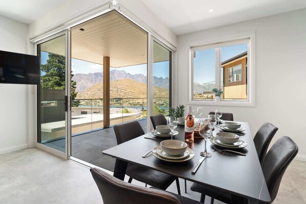 Fantastic views of the Remarkables Mountain Range and Lake Wakatipu from the huge outdoor deck, the living room, dining room, kitchen and master bedroom.