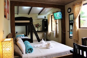 Room 1: Queen bed plus traditional bunks with satellite tv and individual a/c.