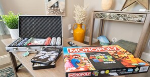 Board games and poker chips.