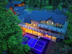 Smoky Mountain Unique Cabin "The Lodge at Burg Hill" - Aerial view of pickle ball / basketball court