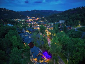 Gatlinburg Unique Cabin "The Lodge at Burg Hill" - Aerial view of cabin and downtown Gatlinburg