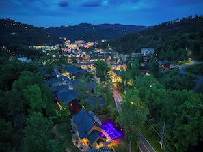 Gatlinburg Unique Cabin "The Lodge at Burg Hill" - Aerial view of cabin and downtown Gatlinburg