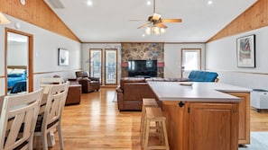 open living, kitchen and dining area