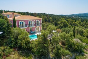 Aerial views of pool and property