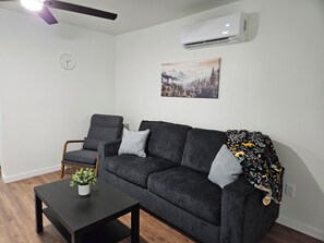 living room, sofa unfolds into queen size bed 