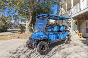 Enjoy the 6 seater street legal golf cart available during your rental!!! No additional cost. Use to quickly get to the beach.