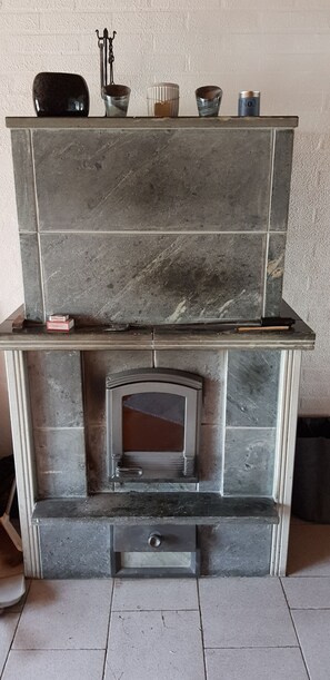 Wood burning fireplace in the living room