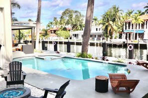 There is plenty of sunshine on the swimming pool deck.