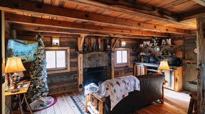 Cozy living room with futon, fireplace and Smart TV