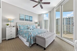 Comfortable king size bed with nice size closet and access to the balcony! 