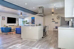 Modern, full kitchen with large island. Open plan with coffee & essentials 