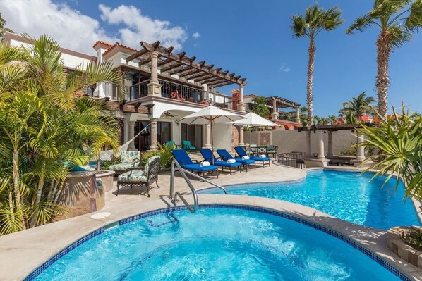 Private Backyard with pool, hot tub, outdoor kitchen/grill, and fire pit.