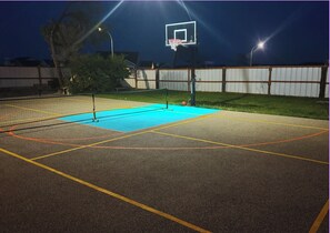 Full size pickleball court, 1/2 court basketball, play into the evening with the light! 