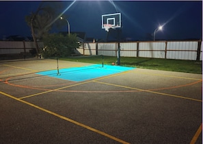 Full size pickleball court, 1/2 court basketball, play into the evening with the light!