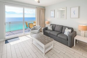 Living Room with Sleeper Sofa, Chair, Smart TV and great Gulf views
