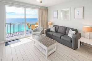 Living Room with Sleeper Sofa, Chair, Smart TV and great Gulf views