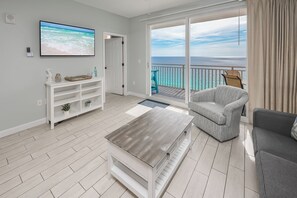 Living Room with Sleeper Sofa, Chair, Smart TV and great Gulf views