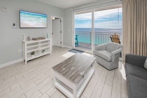 Living Room with Sleeper Sofa, Chair, Smart TV and great Gulf views