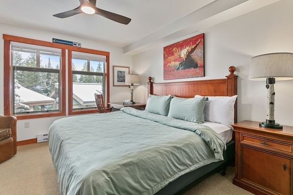Indoors, Bed, Furniture, Lamp, Ceiling Fan