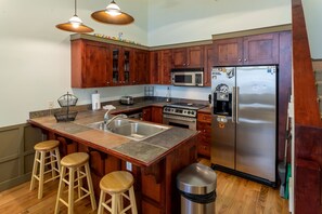 Indoors, Kitchen, Refrigerator, Hardwood, Microwave