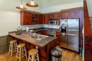 Indoors, Kitchen, Refrigerator, Hardwood, Microwave