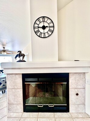 The gas fireplace provides instant ambiance and warmth